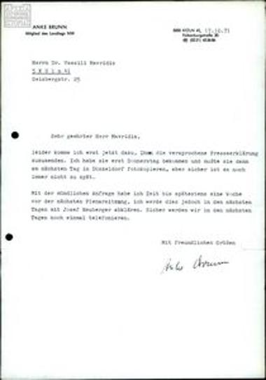 Επιστολή της Anke Brunn προς τον Β. Μαυρίδη για διευκρινίσεις