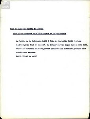 Note to the International Federation for Human Rights (FIDH) about the status of the displaced Theofanis Kadis