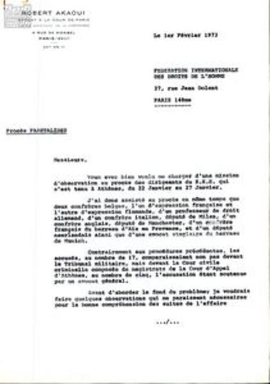 Έκθεση του απεσταλμένου της FIDH δικηγόρου Robert Akaoui για τη δίκη του Μ. Παρτσαλίδη