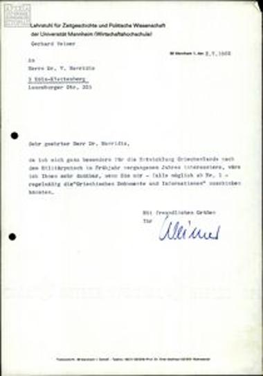 Correspondence regarding the periodical Griechische Dokumente