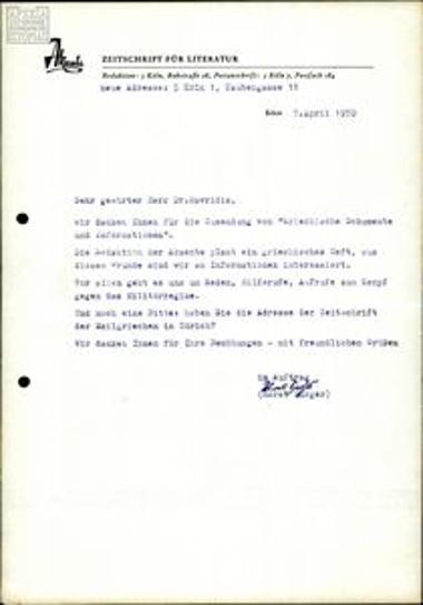 Correspondence with media outlets relating to the periodical Griechische Dokumente