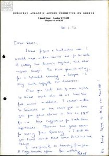 Correspondence between Vasilis Mavridis and Peter Thompson