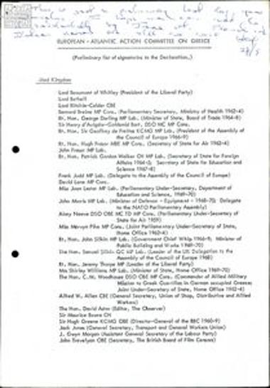 Name list of signatories of a statement by the European-Atlantic Action Committee on Greece