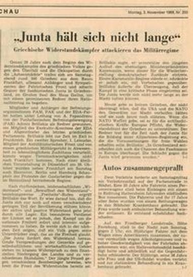 Δημοσίευμα γερμανικού τύπου σχετικά με αντιδικτατορική συγκέντρωση στην Φρανκφούρτη με ομιλητή τον Α. Μπριλλάκη