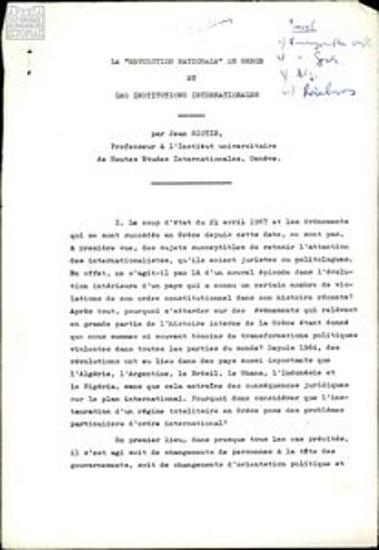La revolution nationale en Grèce et les institutions internationales