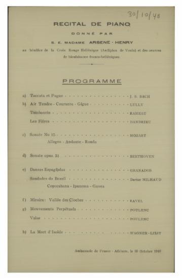 Recital de piano donne par S. E. Madame Arsene - Henry