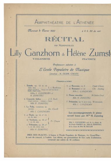 Recital par Mademoiselles Lilly Ganzhorn (violoniste) et Helene Zumsteg (pianiste)