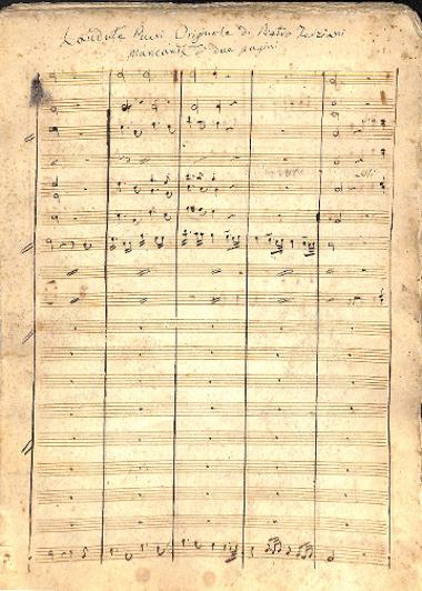 Laudate pueri [psalm 112], for 5 solo voices, 4-voice choir, and orch. [with a figured organ part], score, ms., incomplete