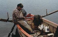 Ψαράς καθαρίζει τα δίχτυα του μέσα στη βάρκα στη λίμη Κερκίνη