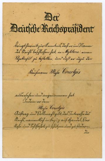 Διορισμός του Μ. Κουρτζή ως Υποπροξένου της Γερμανικής Αυτοκρατορίας στη Μυτιλ ήνη