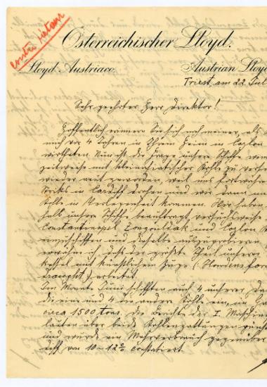 Επιστολή Ludwig Schiestl μηχανολόγου του Αυστριακού Λλόυδ προς τον Πάνο Κουρτζή