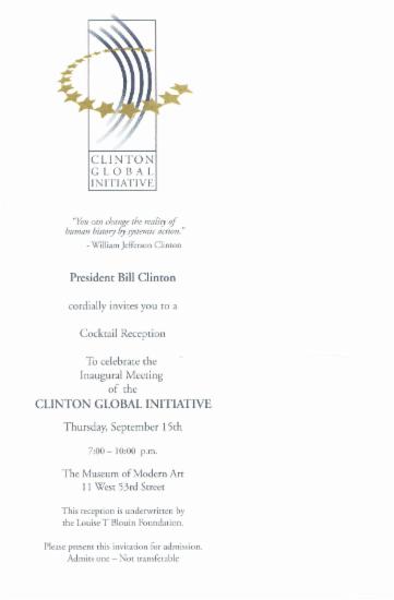 Invitation to a coctail reception to celebrate the Inaugural Meeting of thw Clinton Global Initiative