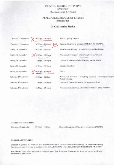 Clinton Global Initiative NYC 2005: Personal Schedule of events prepared for Dr Constantine Simitis