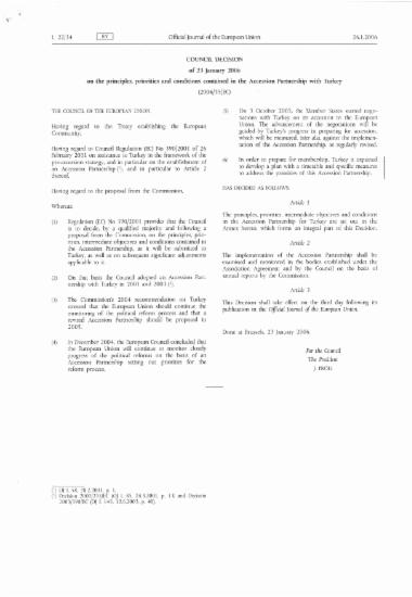 Council decision of 23 January 2006 on the principles, priorities and conditions contained in the Accession Partnership with Turkey