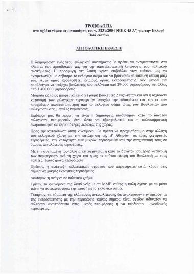 Τροπολογία στο σχέδιο νόμου: Τροποποίηση του ν. 3231/2004(ΦΕΚ 45 Α') για την εκλογή βουλευτών