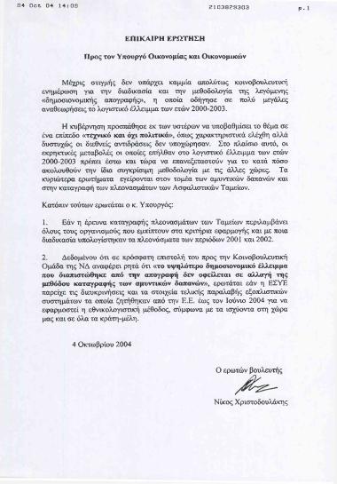 Επίκαιρη ερώτηση προς τον Υπουργό Οικονομίας και Οικονομικών