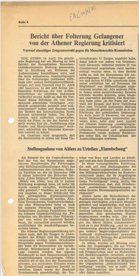 Bericht über Folterung Gefangener von der Athener Regierung kritisiert : Stellungnahme von Ahlers zu Urteilen 