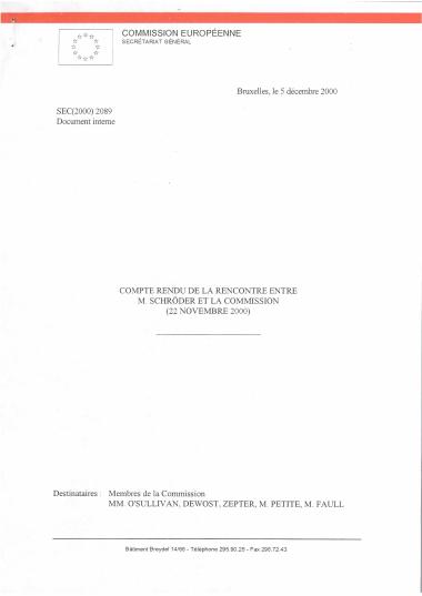 Compte rendu de la rencontre entre M. Schröder et la Commission (22 Novembre 2000)