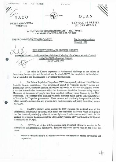 The situation in and around Kosovo : Statement Issued ath the Extraordinary Ministerial Meeting of the North Atlantic Council held at NATO Headquarters Brussels on 12th April 1999