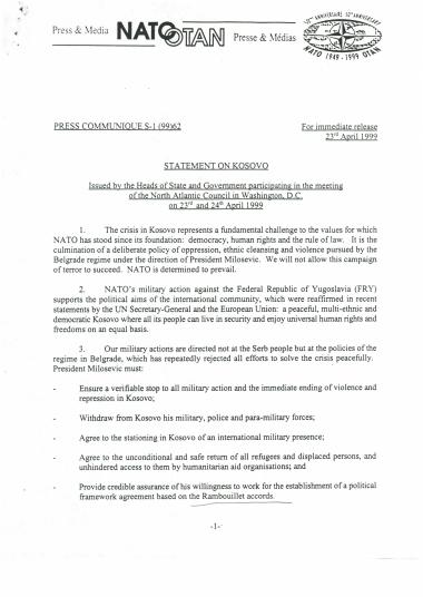 Statement on Kosovo : Issued by the Heads of State and Government participating in the meeting of the North Atlantic Council in Washington, D.C. on 23th and 24th April 1999