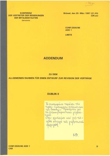 Addendum zu dem allgemeinen rahmen für einen entwurf zur revision der verträge : Dublin II