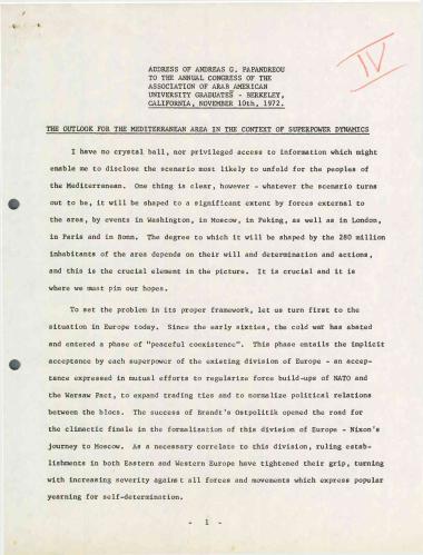 Address of Andreas G. Papandreou to the annual Congress of the Association of Arab American University Graduates- Berkeley, California, November 10th, 1972