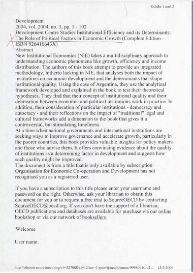 Development Centre Studies Institutional Efficiency and its Determinants: The Role of Political Factors in Economic Growth- Abstract