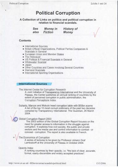 Political Corruption: A Collection of Links on politics and political corruption in relation to financial scandals- CORIS: Corruption Online Research & Information System