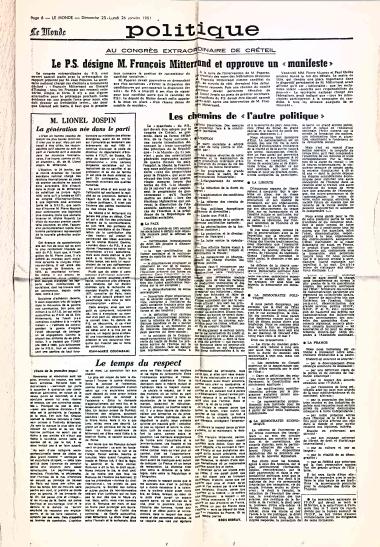 Au congrès extraordinaire de Créteil : Le P.S. désigne M. François Mitterrand et approuve un 