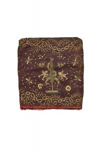 Aubergine silk, embroidered with coloured and gold thread, sequins, central motif of a cypress with garland, angels with arrows, surrounded by stars, bordered by vegetal scrolls, for unknown use, possibly in secondary use.
