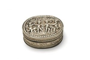 Box, cast and cut silver depicting dancing children