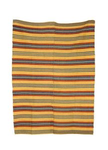 Handwoven wool carpet with stripes in blue, red and sand, Zakynthos, taken by her sister Anna Forti to Halkida, ca 1910