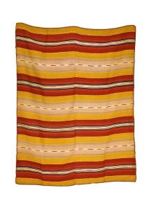 Handwoven wool carpet with broad stripes in red, yellow, sand and blue, Zakynthos, taken by her sister Anna Forti to Halkida.