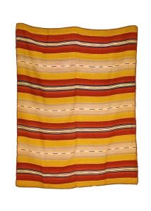 Handwoven wool carpet with broad stripes in red, yellow, sand and blue, Zakynthos, taken by her sister Anna Forti to Halkida.