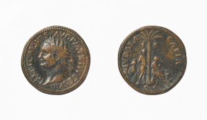 Coin. Obverse: Vespasian struck by the Roman Senate in commemoration of the fall of Jerusalem in 71 CE