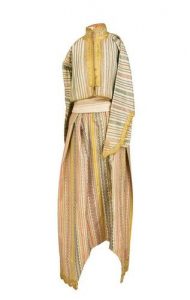 Woman's cotton jacket with long flaring sleeves, matching cotton Shalvari, gold embroidery.