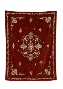 Table, wall or bed covering, dark red velvet with laid and couched gold embroidery, with central floral ornament, corner motifs and scrolled foliate border, from Volos.
