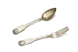 Silver fork and spoon with anthemion on handle and letters 
