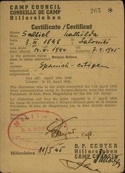 Certificate of Saltiel Mathildi, dated in 11/5/45, Bergen Belsen.
