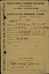 ID card: displaced person card, Como 28/7/45, belonged to Jacqueline Simha.