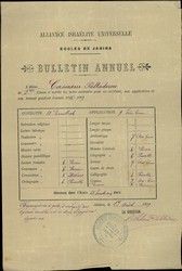School Certificate, issued for Cassiani Paltadorou on 17/08/1909 by Alliance Israilite Univ., Ioannina.