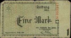 Banknotes (3) of Lodz Ghetto (Litzmannstadt), Poland, 1940 of 50 Pfenning (a), 1 Mark (b), and 2 Mark (c), and envelope (d) with note of donor.