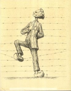 Framed ink drawing of a Jew in a concentration camp with David's star on his uniform