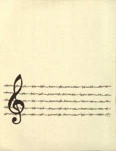 Ink, framed in glass, depicting barbed wire and a music symbol.
