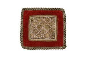 Wine red velve square piece with hand made gold and silk thread lace, belonged to Rachel Covomid.