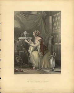 Coloured engraving that depicts a nealed young woman, offering a tray with a cup on it. 'The Jew's Daughter of Pergamus'.