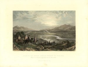 Coloured engraving that depicts the plain of the Jordan and the Dead Sea.