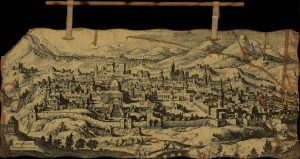 The city of Jerusalem during the 17th century. Engraving on waxed cardboard.