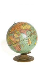 Hebrew globe with metal stand, made in Indianapolis, U