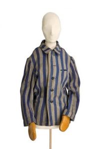 Grey wool with blue stripes, uniform of Auschwitz-Birkenau death camp, worn by 14-years-old Moses Arditti from Salonika.